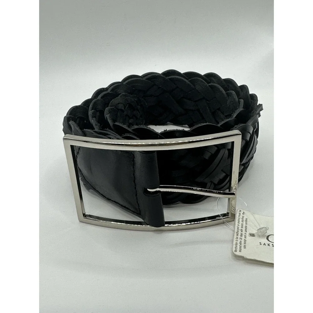 Perry Ellis Black Leather Braided Women's Belt New Size Medium Silver Buckle